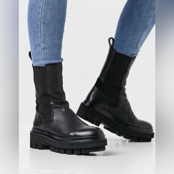 AllSaints Billie tall chunky leather Chelsea boots in black - Picture 8 of 13